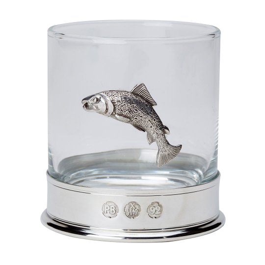 Salmon Fishing Pewter mounted whisky glass.Ref.#02P